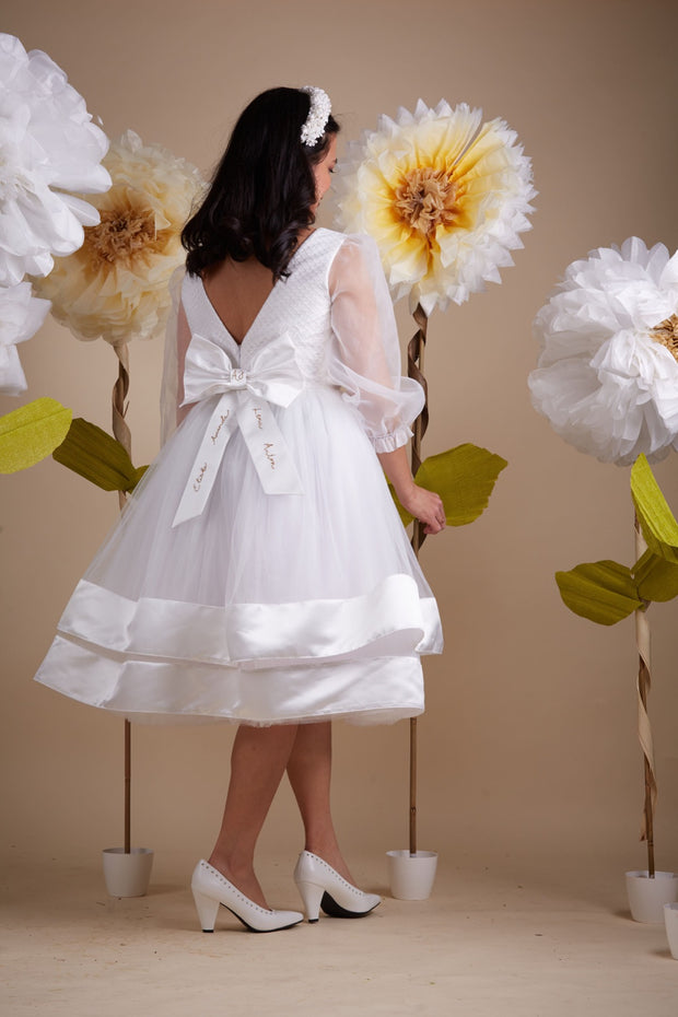 custom made, personalised women's dress, mommy and me, white tulle dress with transparent sleeves and gold embroidery