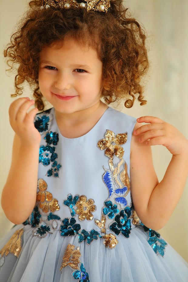 blue girl dress satin upper part with floral embellishment