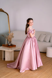 Long, dusty pink princess girls' ball gown with a long, voluminous satin skirt, satin top with short sleeves, 3D floral embroidery and mesh details. Handmade with love. For special occasions: Wedding, Birthday party, Prom, Flower girl, Eid, and other events.