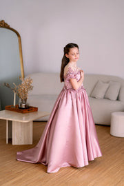 Long, dusty pink princess girls' ball gown with a long, voluminous satin skirt, satin top with short sleeves, 3D floral embroidery and mesh details. Handmade with love. For special occasions: Wedding, Birthday party, Prom, Flower girl, Eid, and other events.