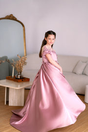 Long, dusty pink princess girls' ball gown with a long, voluminous satin skirt, satin top with short sleeves, 3D floral embroidery and mesh details. Handmade with love. For special occasions: Wedding, Birthday party, Prom, Flower girl, Eid, and other events.