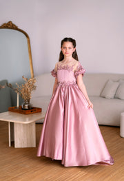 Long, dusty pink princess girls' ball gown with a long, voluminous satin skirt, satin top with short sleeves, 3D floral embroidery and mesh details. Handmade with love. For special occasions: Wedding, Birthday party, Prom, Flower girl, Eid, and other events.