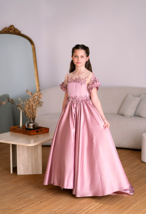 Long, dusty pink princess girls' ball gown with a long, voluminous satin skirt, satin top with short sleeves, 3D floral embroidery and mesh details. Handmade with love. For special occasions: Wedding, Birthday party, Prom, Flower girl, Eid, and other events.