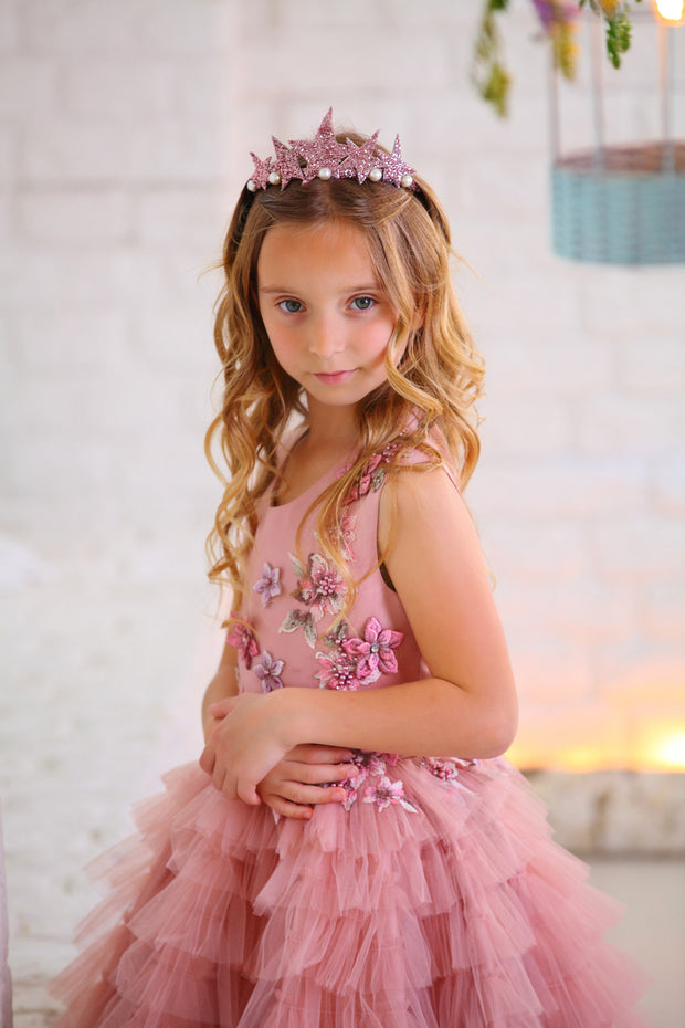 handmade pink ankle-length tulle princess dress with a multi-layered tulle skirt with ruffles and top embroidered with flowers and pearls, for flower girls, birthdays, wedding guests