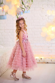 handmade pink ankle-length tulle princess dress with a multi-layered tulle skirt with ruffles and top embroidered with flowers and pearls, for flower girls, birthdays, wedding guests