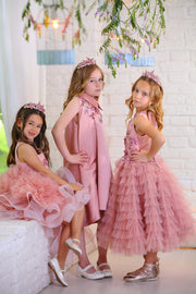 handmade pink ankle-length tulle princess dress with a multi-layered tulle skirt with ruffles and top embroidered with flowers and pearls, for flower girls, birthdays, wedding guests