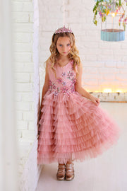 handmade pink ankle-length tulle princess dress with a multi-layered tulle skirt with ruffles and top embroidered with flowers and pearls, for flower girls, birthdays, wedding guests