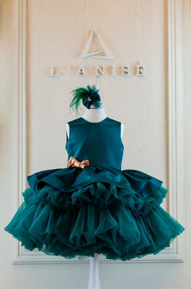 Midi handmade emerald green festive girl dress with multi-layer tulle skirt, gold sequin bow embellishment and hair clip