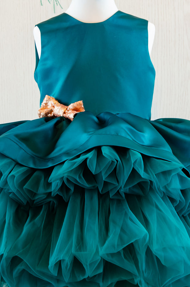 Midi handmade emerald green festive girl dress with multi-layer tulle skirt, gold sequin bow embellishment and hair clip