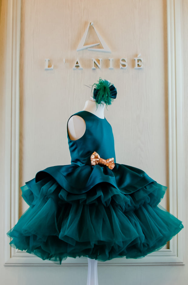 Midi handmade emerald green festive girl dress with multi-layer tulle skirt, gold sequin bow embellishment and hair clip