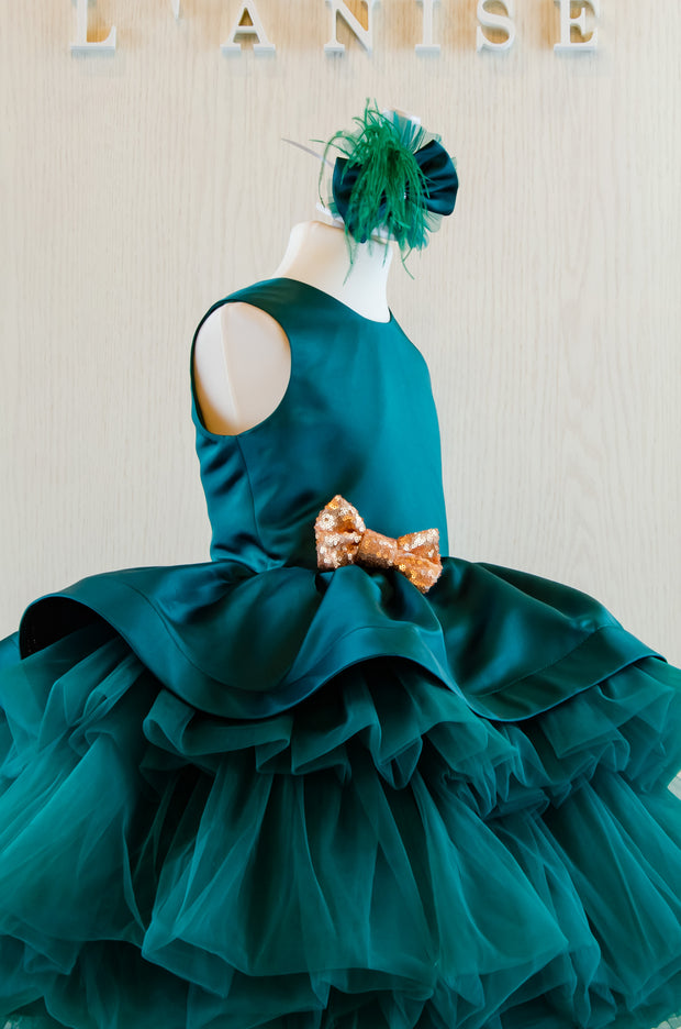 Midi handmade emerald green festive girl dress with multi-layer tulle skirt, gold sequin bow embellishment and hair clip