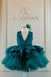 Midi handmade emerald green festive girl dress with multi-layer tulle skirt, gold sequin bow embellishment and hair clip