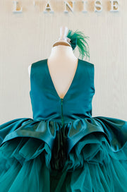 Midi handmade emerald green festive girl dress with multi-layer tulle skirt, gold sequin bow embellishment and hair clip