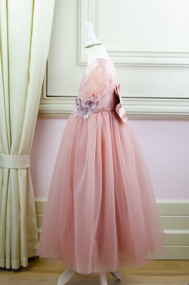 handmade, pink girl dress in empire silhouette with floral embroidery and a bow
