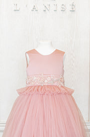 Handmade blush pink high waisted tulle kids dress with floral embroidery belt. A unique dress for every unique occasion: flower girls, weddings, communion, birthday, Eid.