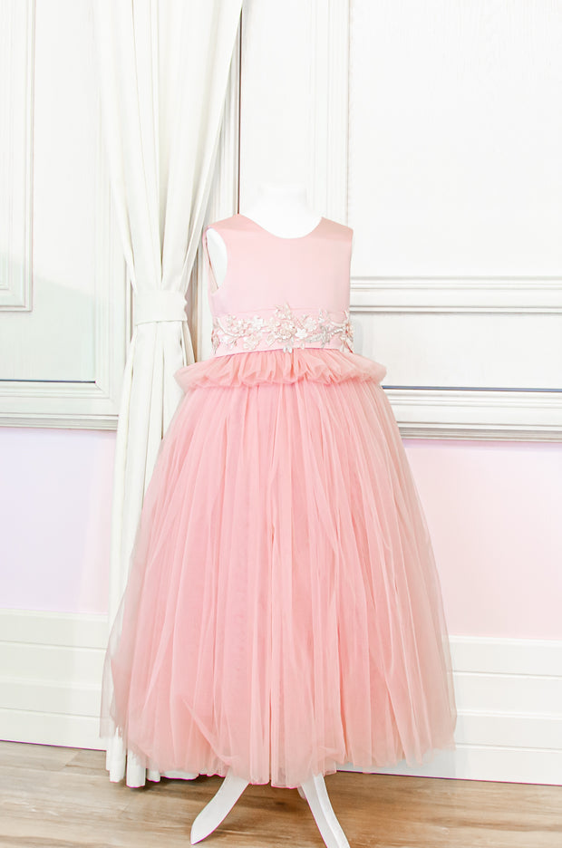 Handmade blush pink high waisted tulle kids dress with floral embroidery belt. A unique dress for every unique occasion: flower girls, weddings, communion, birthday, Eid.