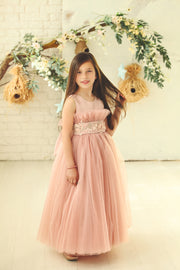 Handmade blush pink high waisted tulle kids dress with floral embroidery belt. A unique dress for every unique occasion: flower girls, weddings, communion, birthday, Eid.