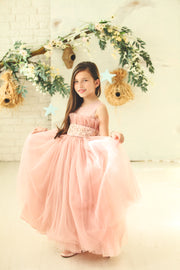 Handmade blush pink high waisted tulle kids dress with floral embroidery belt. A unique dress for every unique occasion: flower girls, weddings, communion, birthday, Eid.