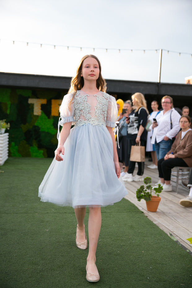 Baby blue princess sleeve midi girl dress with embroidered tulle top. Suitable for her Cinderella moment. Perfect for any special occasions: flower girls, weddings, birthday party, communion.