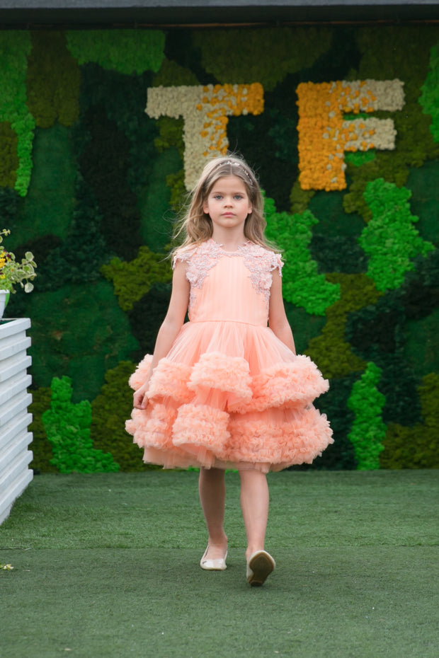 Knee-length multi-layered tulle princess girl dress in a bright salmon colour perfect your spring and summer special occasions: flower girls, weddings, birthday.