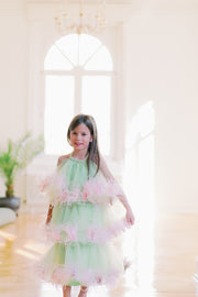 Festive bright green tulle dress for girls with pink feather appliqués. Handmade girl dress for special occasions: Christmas, New Year's Eve, flower girls, weddings, birthdays, communion.