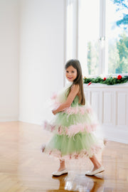 Festive bright green tulle dress for girls with pink feather appliqués. Handmade girl dress for special occasions: Christmas, New Year's Eve, flower girls, weddings, birthdays, communion.