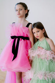 Festive, bright pink high-low hemline girl dress for special occasions. Modern princess girl dress with a bright pink tutu skirt and long tulle train. Black straps and black ribbon at the waistline. Handmade with love. Occasions: Christmas, New Year's Eve, Wedding, Birthday party, Prom, Flower girl, Eid and other events.