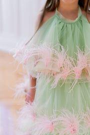 Festive bright green tulle dress for girls with pink feather appliqués. Handmade girl dress for special occasions: Christmas, New Year's Eve, flower girls, weddings, birthdays, communion.