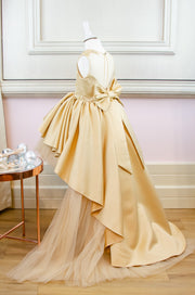 Handmade, festive, girl party dress with a high-low hem, satin train, tulle skirt, floral embroidery and a big satin bow