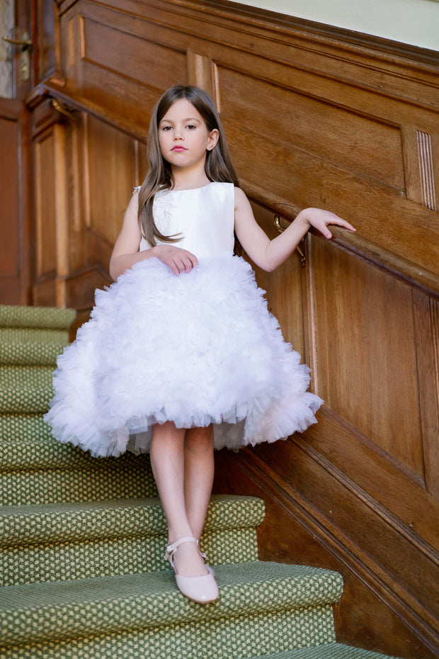 Festive, knee-length princess tutu dress with white tulle skirt, satin top, floral embellishment, for special occasions: Christmas, New Year's Eve, Wedding, Birthday party, Prom, Flower girl, Eid, and other events. 