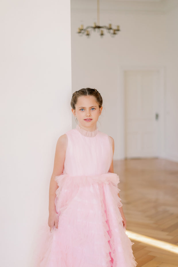 Festive, long princess girl dress in bright pink with a long, ruffled tulle skirt and pleated tulle top with high collar. For special occasions: Christmas, New Year's Eve, Wedding, Birthday party, Prom, Flower girl, Eid, and other events.