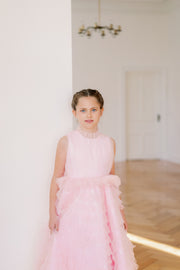 Long princess girl dress in bright pink with a long, ruffled tulle skirt and pleated tulle top with high collar. For special occasions: Wedding, Birthday party, Prom, Flower girl, Eid, and other events.