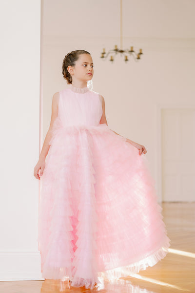 Festive, long princess girl dress in bright pink with a long, ruffled tulle skirt and pleated tulle top with high collar. For special occasions: Christmas, New Year's Eve, Wedding, Birthday party, Prom, Flower girl, Eid, and other events.