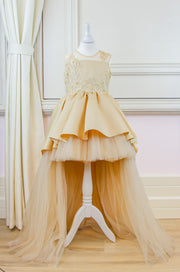 Handmade, festive, girl party dress with a high-low hem, satin train, tulle skirt, floral embroidery and a big satin bow