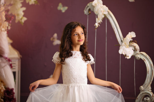 Handmade white ankle-length girl dress for first communion with a-line tulle skirt, floral embroidery and short sleeves. Girl dress for special occasions. Flower girl dress, first communion dress.
