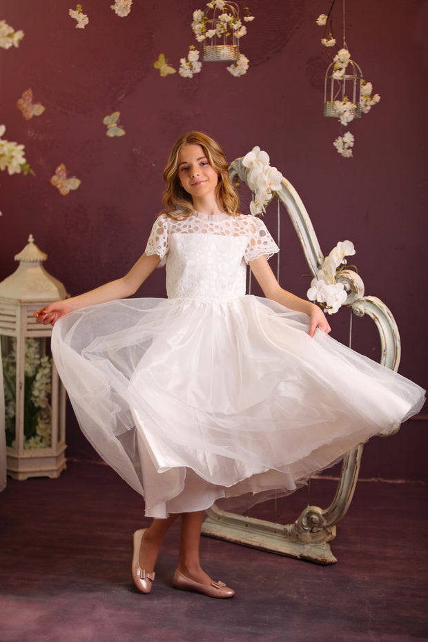 Mädchenkleid in A-Linie mit gemustertem Spitzenoberteil und kurzen Ärmeln - Kommunionkleid