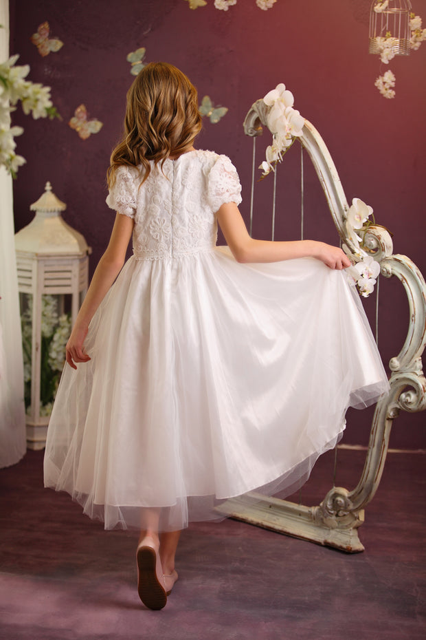 Handmade white ankle-length girl dress for first communion with a-line tulle skirt, floral embroidery and short sleeves. Girl dress for special occasions. Flower girl dress, first communion dress.