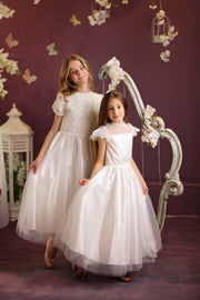 Handmade white ankle-length girl dress for first communion with a-line tulle skirt, floral embroidery and short sleeves. Girl dress for special occasions. Flower girl dress, first communion dress.