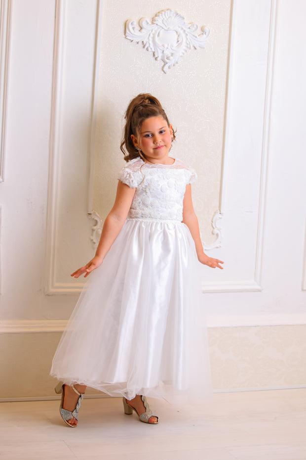 Handmade white ankle-length girl dress for first communion with a-line tulle skirt, floral embroidery and short cap sleeves. Girl dress for special occasions. Flower girl dress, first communion dress.