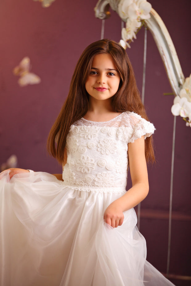 Handmade white ankle-length girl dress for first communion with a-line tulle skirt, floral embroidery and short cap sleeves. Girl dress for special occasions. Flower girl dress, first communion dress.