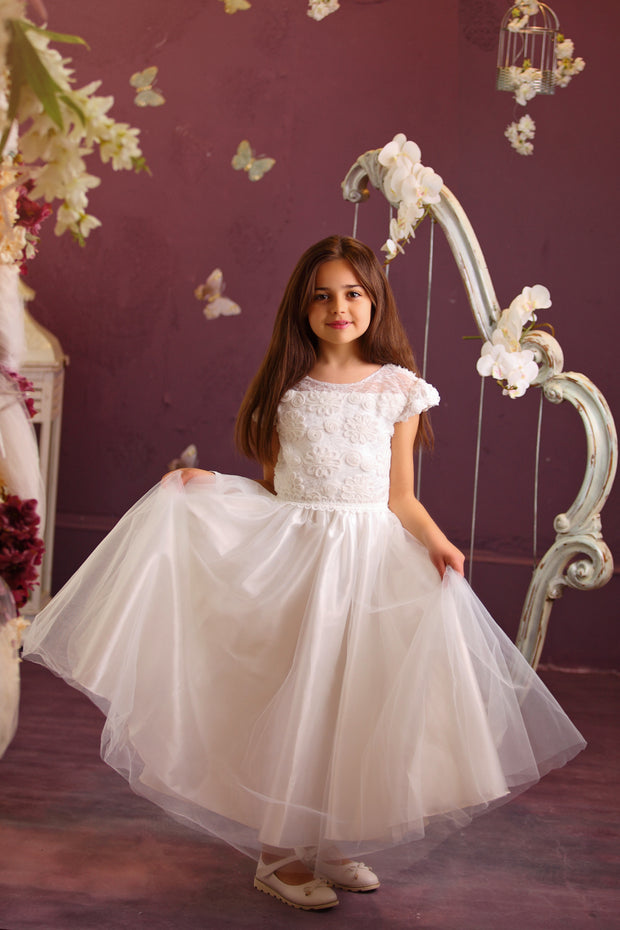 Handmade white ankle-length girl dress for first communion with a-line tulle skirt, floral embroidery and short cap sleeves. Girl dress for special occasions. Flower girl dress, first communion dress.