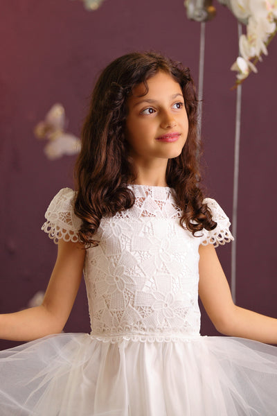 Handmade white ankle-length girl dress for first communion with a-line tulle skirt, floral embroidery and short sleeves. Girl dress for special occasions. Flower girl dress, first communion dress.