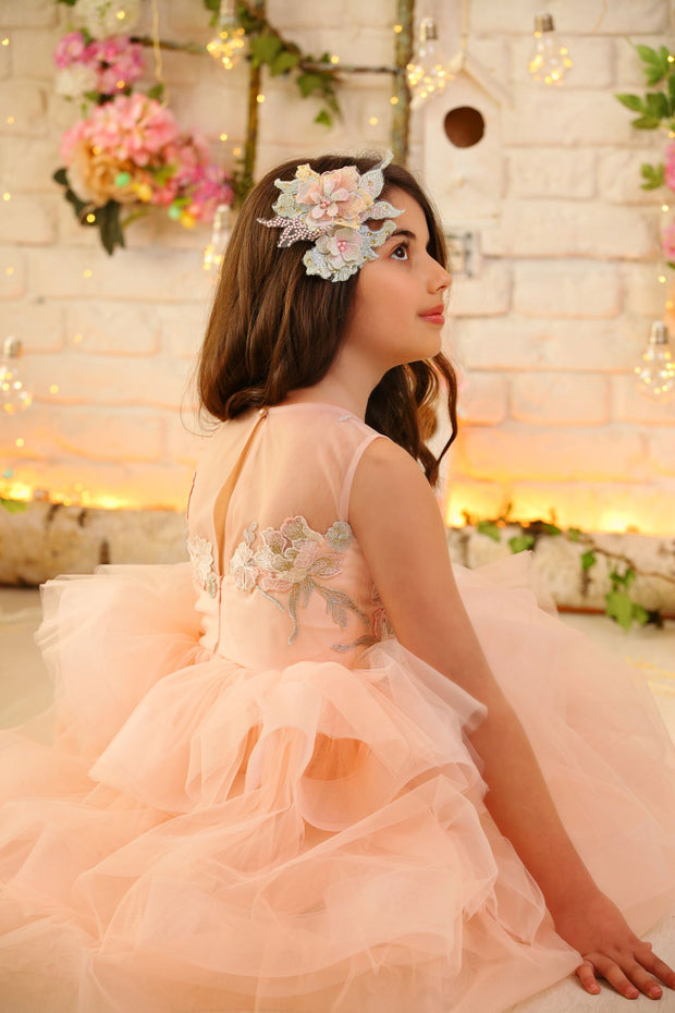 floor-length girl dress with multi-layer tulle skirt and floral embellishment for special occasions