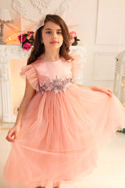 handmade, pink girl dress in empire silhouette with floral embroidery and a bow