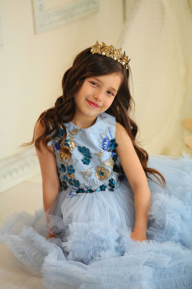 blue girl dress with multi-layer floor length skirt and 3d floral embellishment