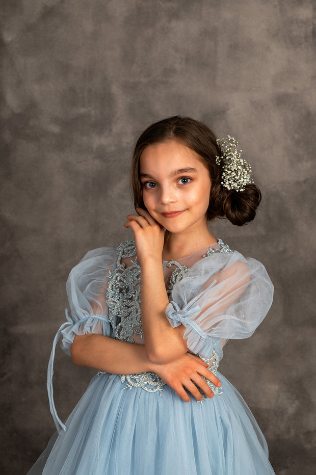 Baby blue princess sleeve kids dress with intricate embroidery tulle top and open back