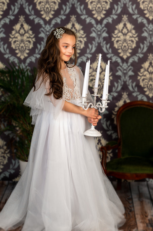 Long white flower girl dress with butterfly sleeves