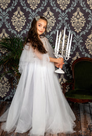 Long white flower girl dress with butterfly sleeves
