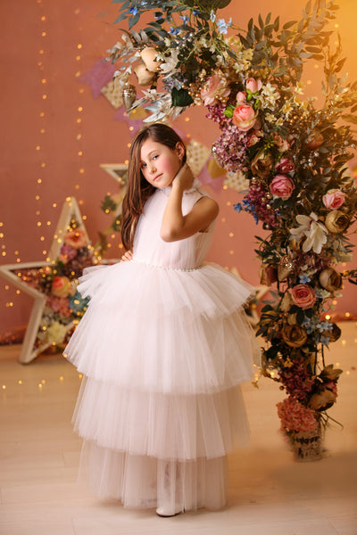 Kleid zum Mieten - Langes Blumenmädchenkleid aus Tüll mit Perlenverzierungen