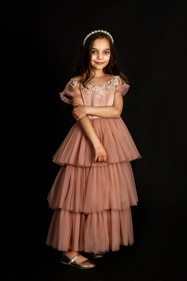 Blush pink princess dress with floral embroidery and multi-layer tulle skirt